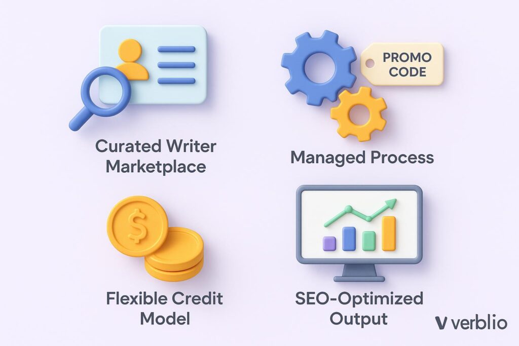 Visual breakdown of Verblio key feature with a caption promoting the available startup discount through XRaise