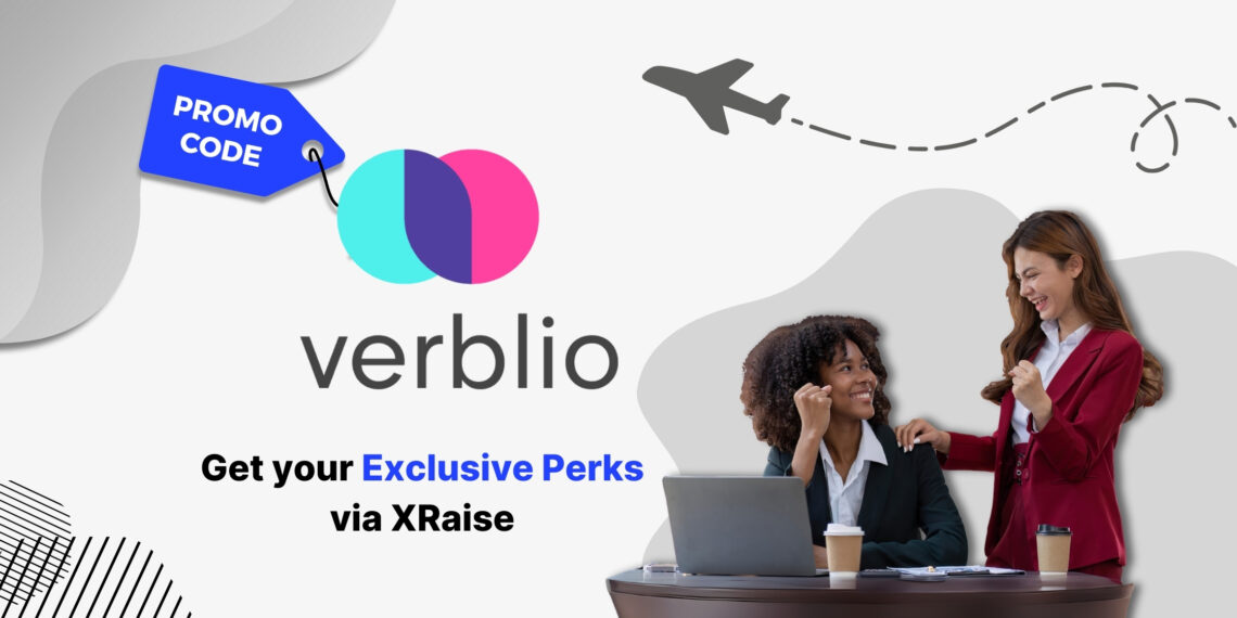 Verblio promo code exclusive perks banner via XRaise with two businesswomen celebrating success at desk
