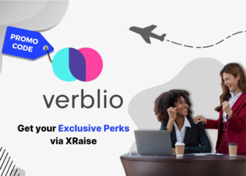 Verblio promo code exclusive perks banner via XRaise with two businesswomen celebrating success at desk