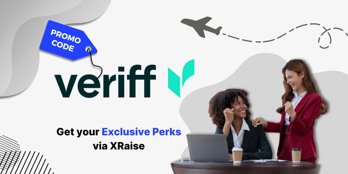 Veriff promo code – XRaise founder perk banner featuring two businesswomen celebrating success at laptop.