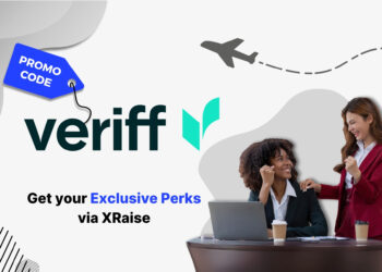 Veriff promo code – XRaise founder perk banner featuring two businesswomen celebrating success at laptop.