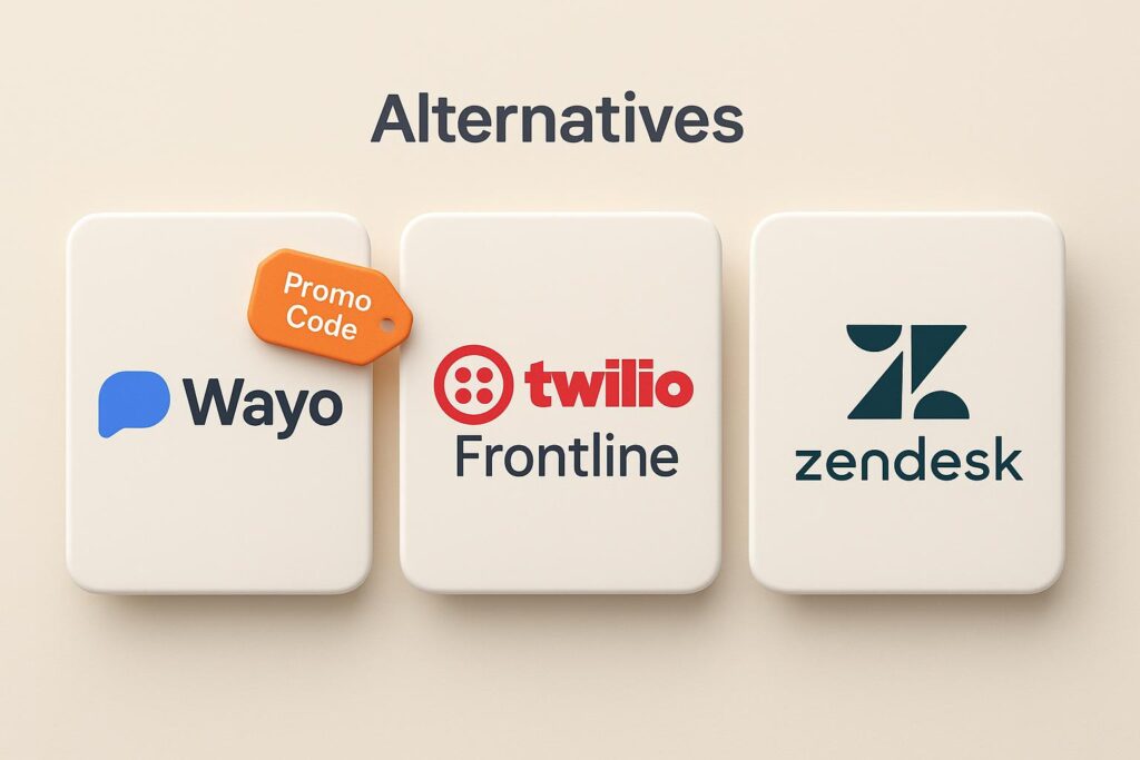 Comparison chart of Wayo vs top alternatives (e.g., Twilio Frontline, Zendesk), highlighting the benefits of using XRaise to claim the Wayo startup promo code