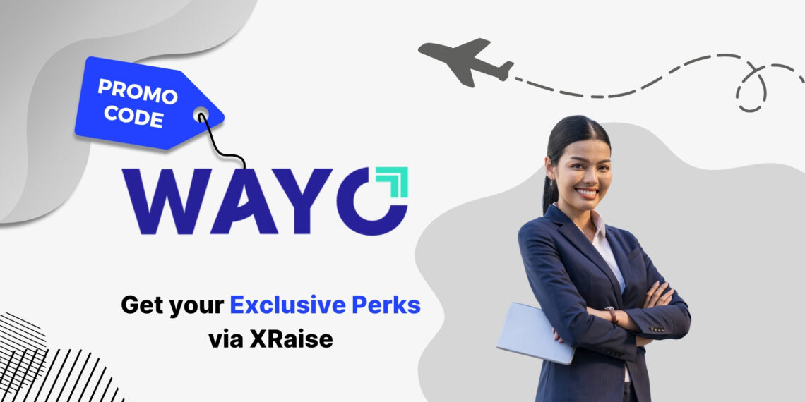 Wayo promo code banner — exclusive startup perks via XRaise with businesswoman holding tablet and smiling