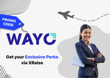 Wayo promo code banner — exclusive startup perks via XRaise with businesswoman holding tablet and smiling
