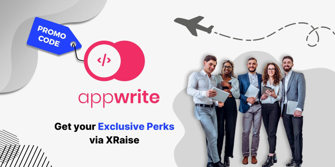 Appwrite promo code exclusive perks banner via XRaise with diverse startup team holding tablets