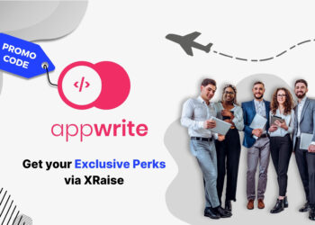 Appwrite promo code exclusive perks banner via XRaise with diverse startup team holding tablets