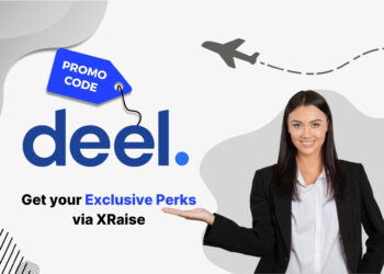 Deel promo code – XRaise exclusive founder perk banner with smiling businesswoman in black suit presenting benefits.