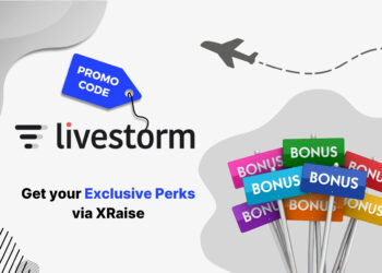Livestorm promo code exclusive perks banner via XRaise with bonus signs and airplane graphic