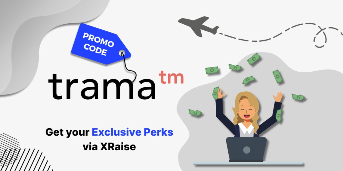 Trama promo code banner — XRaise exclusive startup perks with cartoon woman celebrating money at laptop