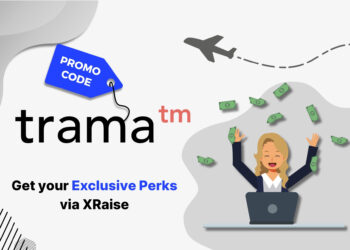 Trama promo code banner — XRaise exclusive startup perks with cartoon woman celebrating money at laptop