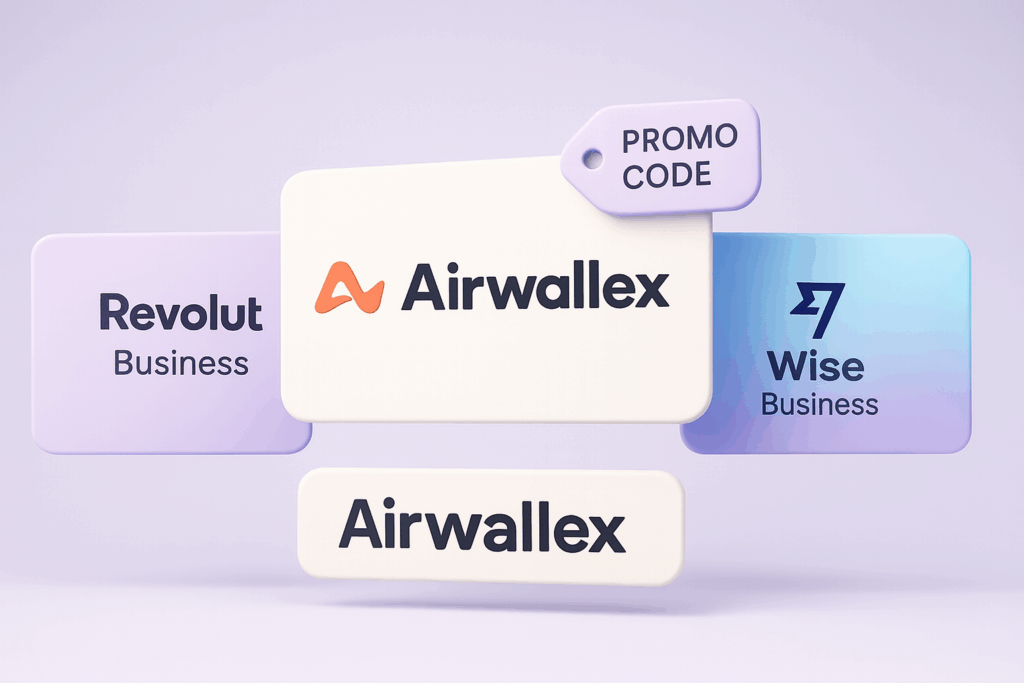 3D landscape comparison graphic with three floating cards. Airwallex is highlighted in the center with its orange logo and a purple “Promo Code” tag. To the left is the Revolut Business logo on a lavender card, and to the right is the Wise Business logo on a blue gradient card. The background is minimal with soft lighting and depth.