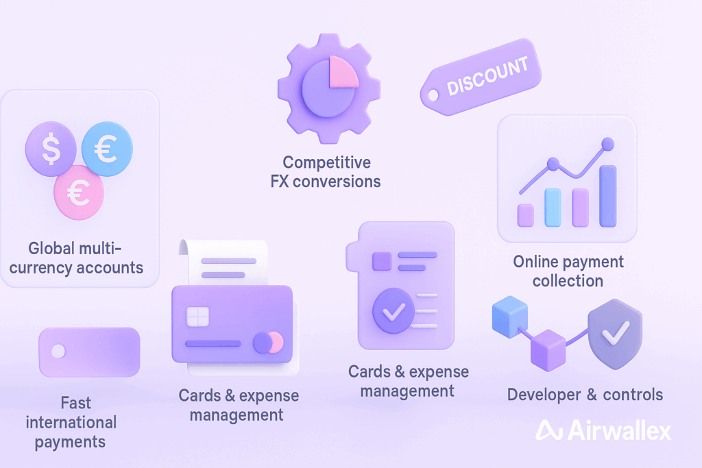 3D landscape illustration presenting Airwallex features with labeled floating panels. Icons and titles represent global multi-currency accounts, fast international payments, competitive FX conversions, cards and expense management, online payment collection, developer APIs, and compliance controls. A small “Discount” tag floats above, and the Airwallex logo appears subtly in the bottom right corner.