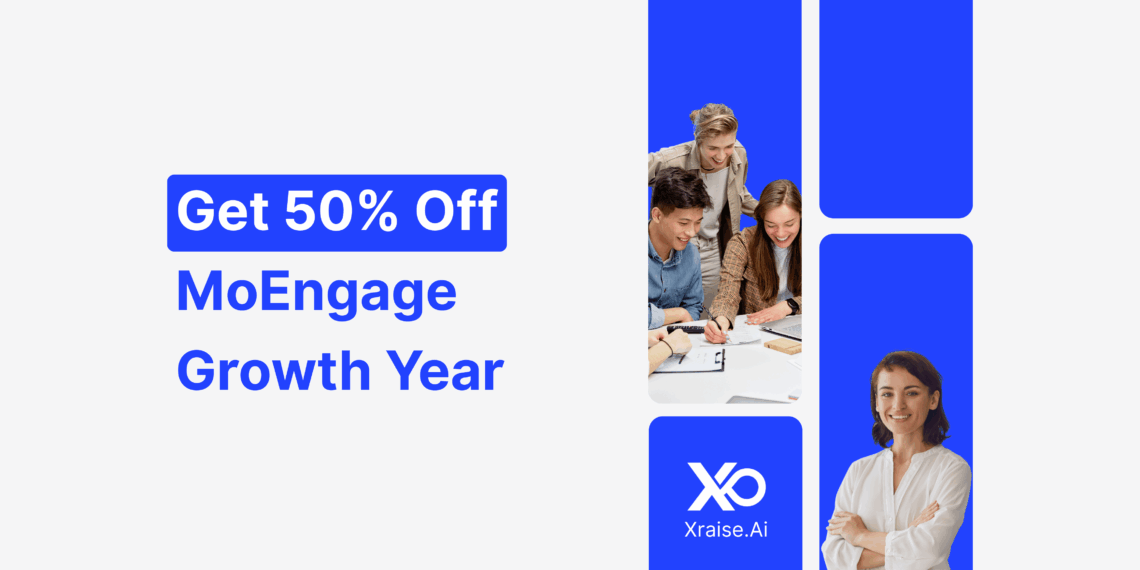 MoEngage promo code banner offering 50% off growth year for startups