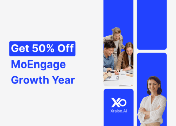MoEngage promo code banner offering 50% off growth year for startups