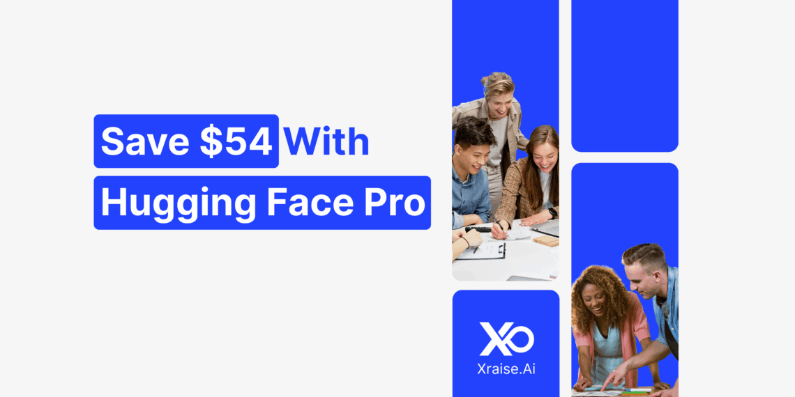 Hugging Face Promo Code banner showing “Save $54 With Hugging Face Pro” and startup founders collaborating