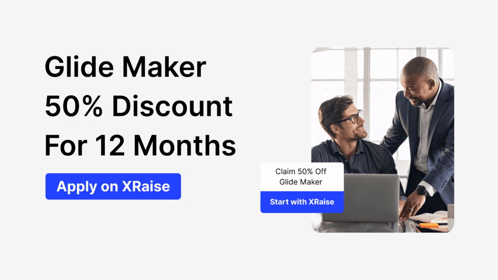 Glide Promo Code banner offering Glide Maker 50% discount for 12 months with two founders working on a laptop