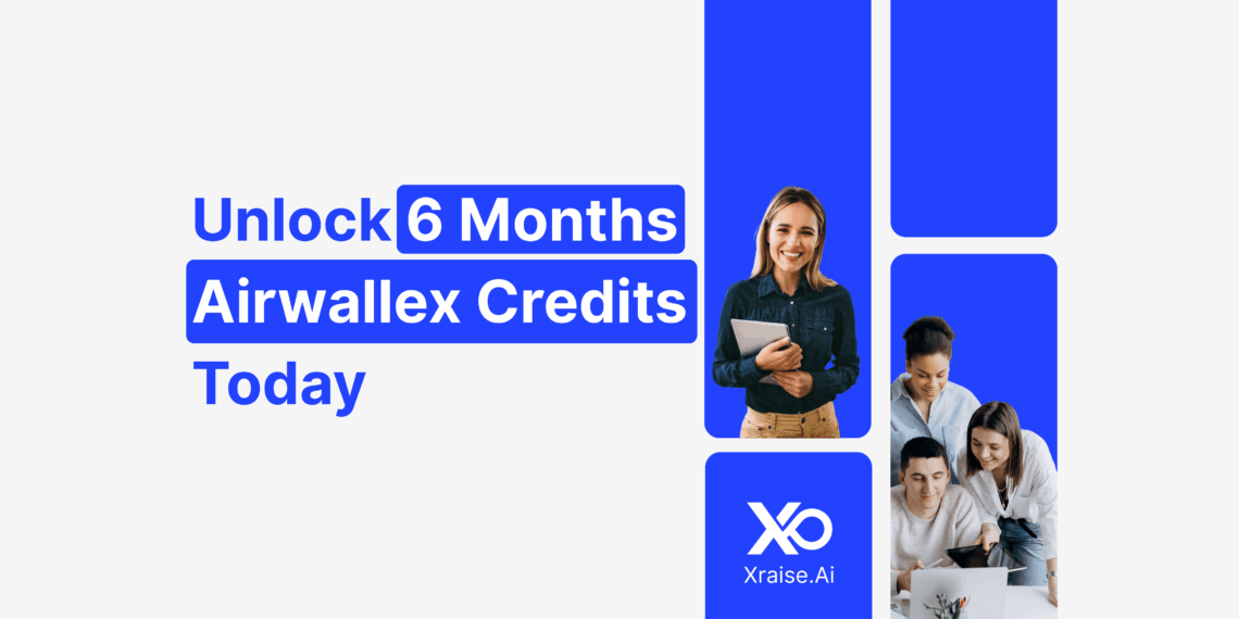 Airwallex promo code banner offering 6 months credits to startups with smiling team