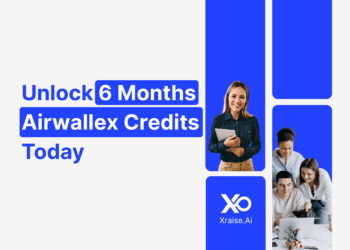 Airwallex promo code banner offering 6 months credits to startups with smiling team