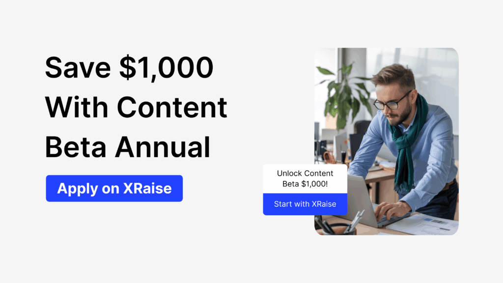 Content Beta Promo Code banner with founder working on laptop in modern office