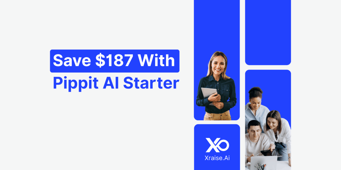 Pippit AI Promo Code banner showing “Save $187 With Pippit AI Starter” and smiling founders