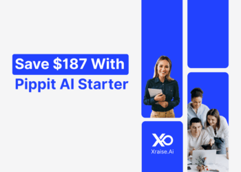 Pippit AI Promo Code banner showing “Save $187 With Pippit AI Starter” and smiling founders