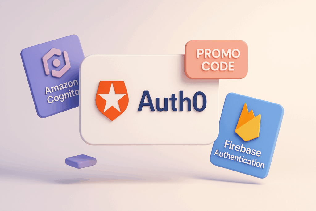 A 3D comparison scene showing the Auth0 logo on a central floating panel with a promo code badge above it. On the left, the Amazon Cognito logo appears on a purple card, and on the right, the Firebase Authentication logo on a blue card. Clean gradients, floating blocks, and shadows highlight Auth0 as the focus.