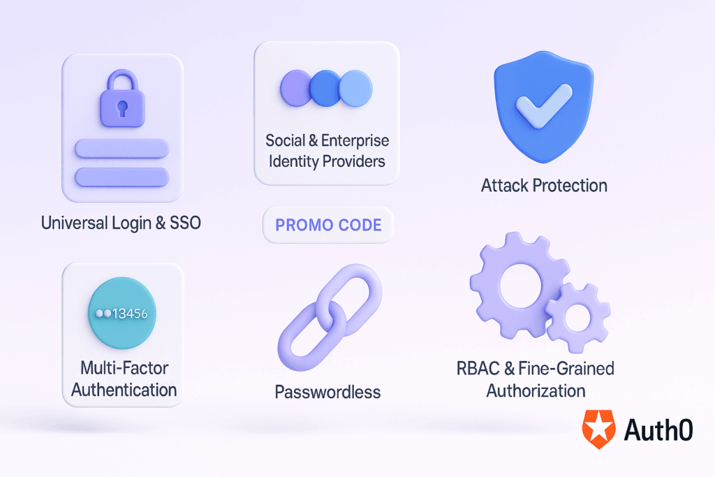 A 3D features scene displaying Auth0’s core functions: Universal Login & SSO, Social & Enterprise Identity Providers, Multi-Factor Authentication, Passwordless, Attack Protection, and RBAC. Each feature is represented by floating icons and labeled panels. A small “Promo Code” tag floats in the middle, and the Auth0 logo sits subtly in the corner with soft gradient background.