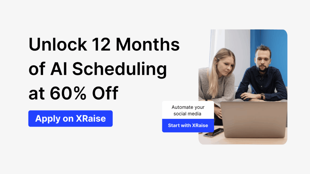 Two founders using a laptop with text “Unlock 12 Months of AI Scheduling at 60% Off” via XRaise.ai.