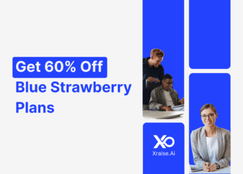 Two professionals collaborating with banner text “Get 60% Off Blue Strawberry Plans” via XRaise.ai.