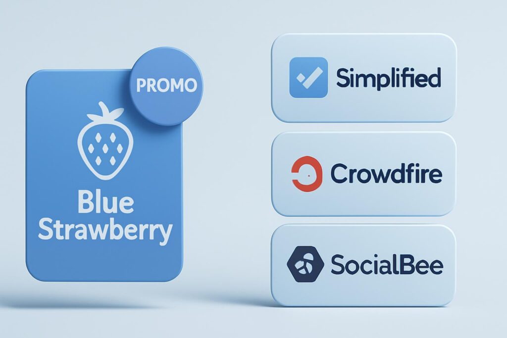 3D comparison image ofBlue Strawberry logo with promo code badge alongside SocialBee and Crowdfire logos on floating panels.
