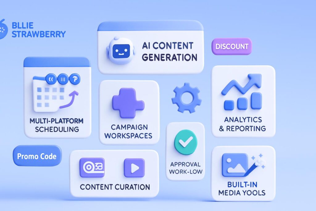 3D features image showing Blue Strawberry core functions including AI research agent, data enrichment, messaging, workflows, and promo code tag.
