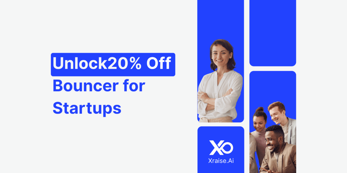 Startup founders smiling and working together with banner text “Unlock 20% Off Bouncer for Startups” via XRaise.ai.