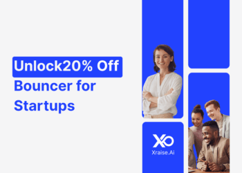 Startup founders smiling and working together with banner text “Unlock 20% Off Bouncer for Startups” via XRaise.ai.