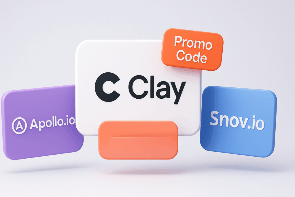 3D comparison image of Clay logo with promo code badge alongside Apollo.io and Snov.io logos on floating panels.