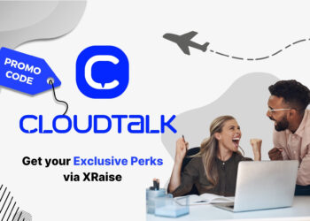 3D promo code hero image featuring CloudTalk logo with discount tag and floating abstract icons, styled in CloudTalk brand colors.