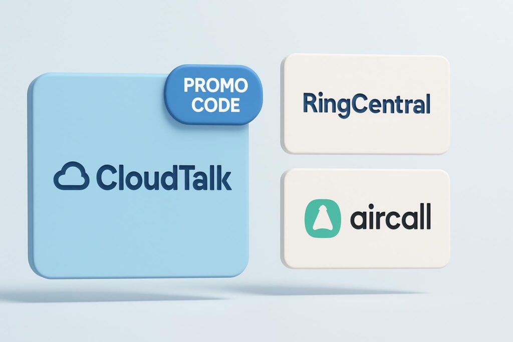 3D comparison image of CloudTalk logo with promo code badge alongside ManyChat and Landbot logos on floating panels.
