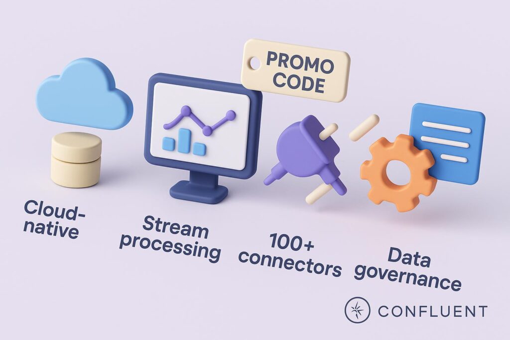 Visual breakdown of Confluent key feature with a caption promoting the available startup discount through XRaise