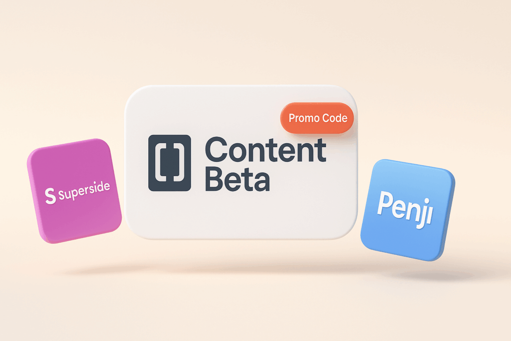 Content Beta promo code comparison image with Superside and Penji logos in a 3D floating layout, highlighting discount availability via XRaise.
