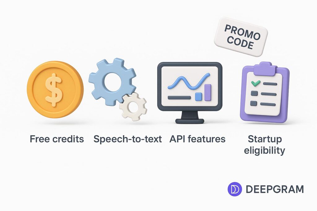 Visual breakdown of Deepgram Promo code key feature with a caption promoting the available startup discount through XRaise.