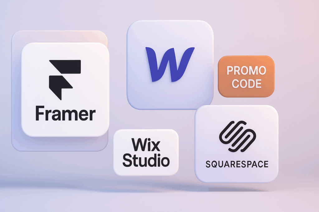 3D comparison scene showing Framer, Webflow, Wix Studio, and Squarespace logos on floating panels, with a promo code badge highlighting Framer.