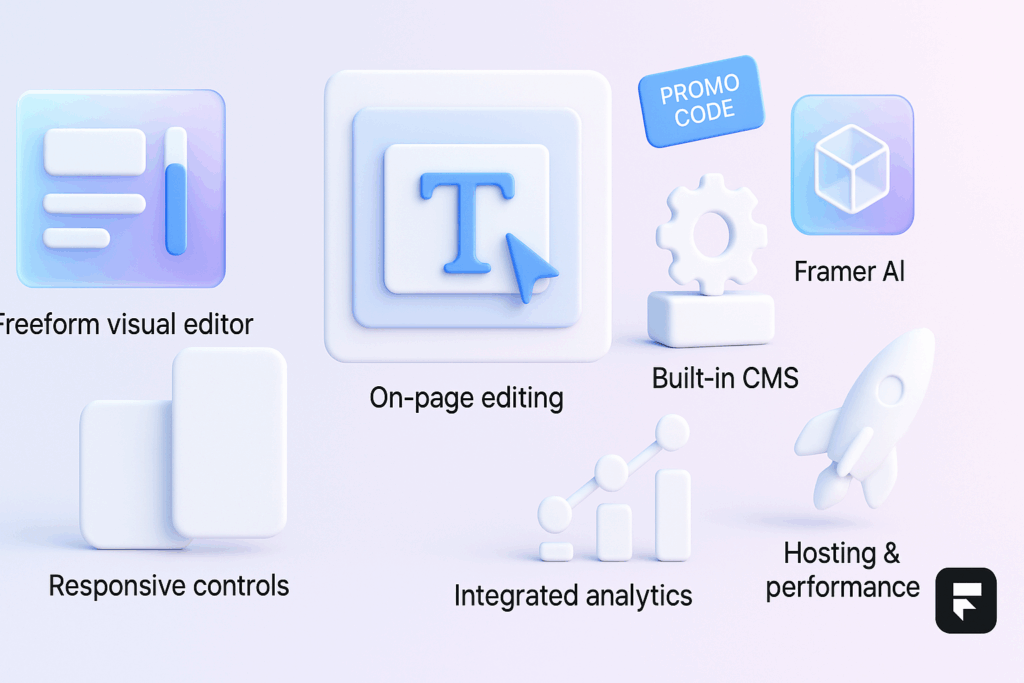 3D visual of Framer’s key features represented as floating icons with titles, including freeform visual editor, responsive controls, on-page editing, built-in CMS, Framer AI, analytics, collaboration, and hosting, with a small promo code tag and Framer logo in the corner.