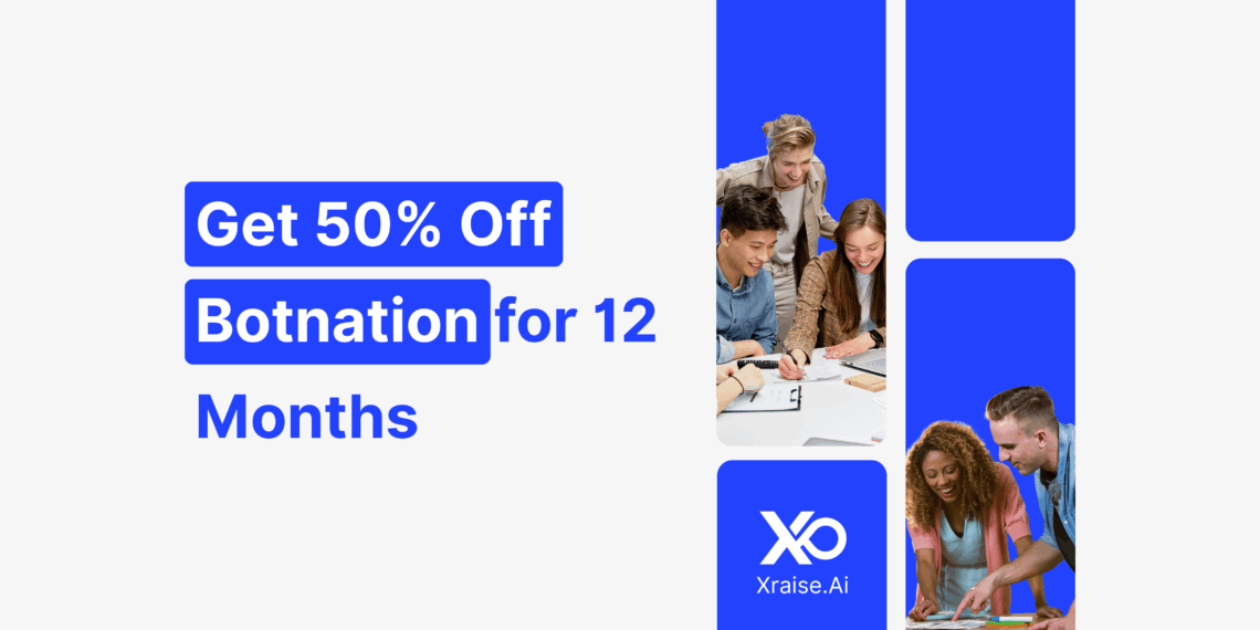 Startup team collaborating around a laptop while reviewing a Botnation chatbot setup, with a 50% discount badge.