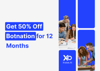 Startup team collaborating around a laptop while reviewing a Botnation chatbot setup, with a 50% discount badge.