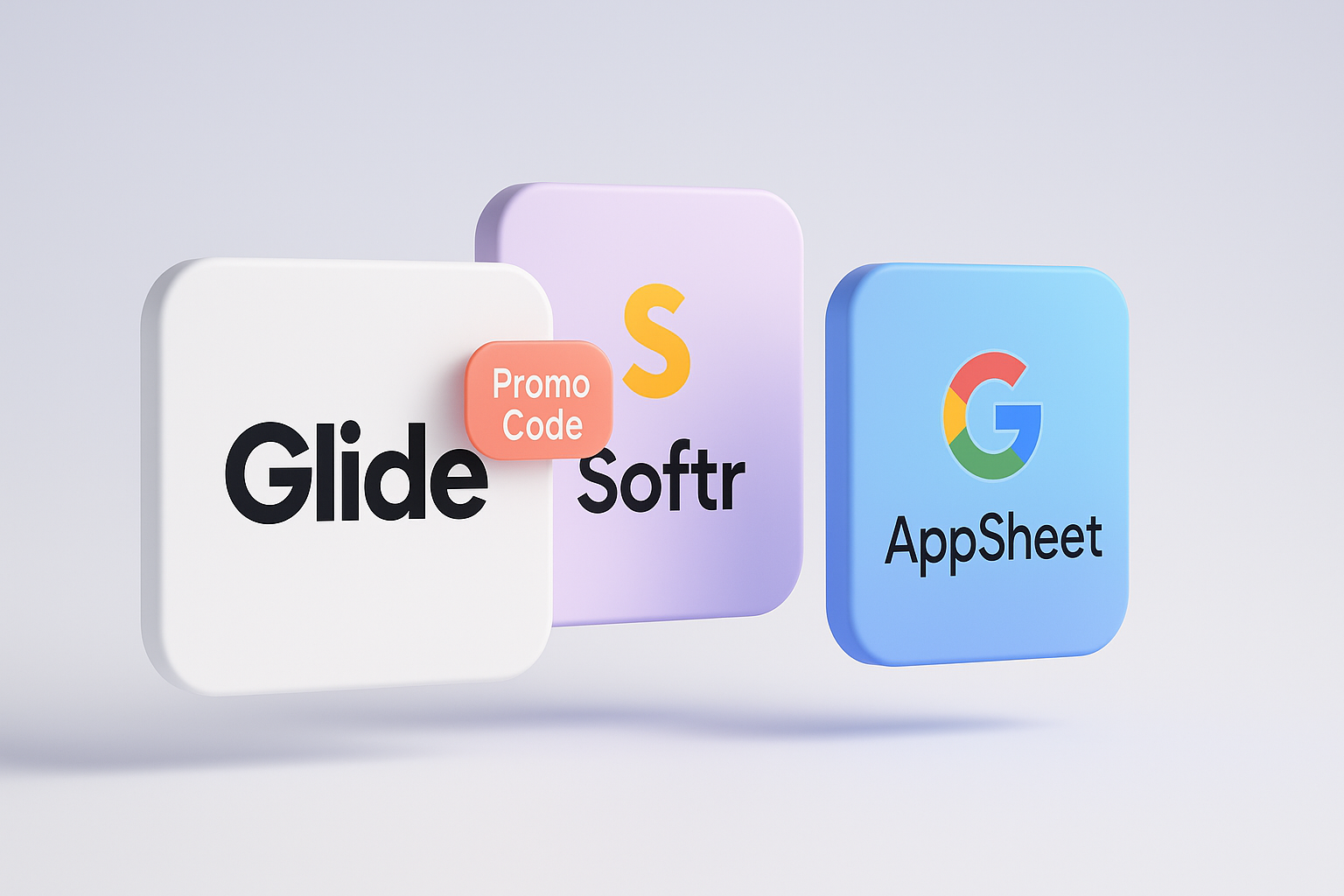 3D comparison scene featuring Glide, Softr, and Google AppSheet logos on floating cards, with Glide highlighted by a promo code badge.