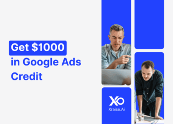 Two professionals working on laptops with banner text “Get $1000 in Google Ads Credit” via XRaise.ai.