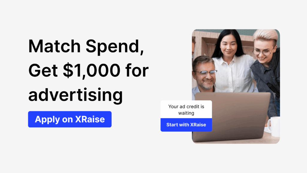 Three founders smiling at a laptop with banner text “Match Spend, Get $1,000 for Advertising” via XRaise.ai.
