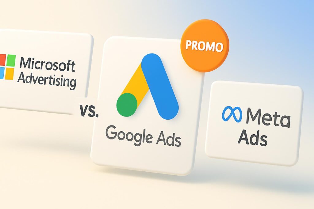 3D comparison image ofGoogle Ads logo with promo code badge alongside Microsoft Advertising (Bing) and Meta Ads (Facebook/Instagram) logos on floating panels.