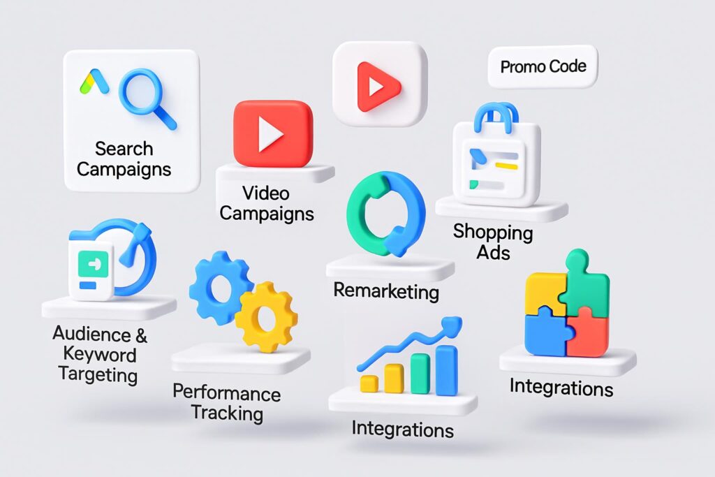 3D features image showing Google Ads core functions including AI research agent, data enrichment, messaging, workflows, and promo code tag.