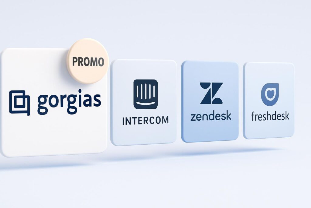 3D comparison image of Gorgias logo with promo code badge alongside Intercom, Freshdesk and Zendesk logos on floating panels.