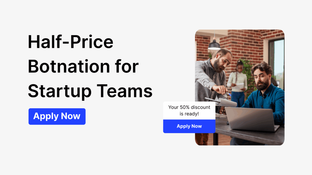 Two startup founders collaborating on a laptop, with a banner promoting a 50% Botnation discount for startups.